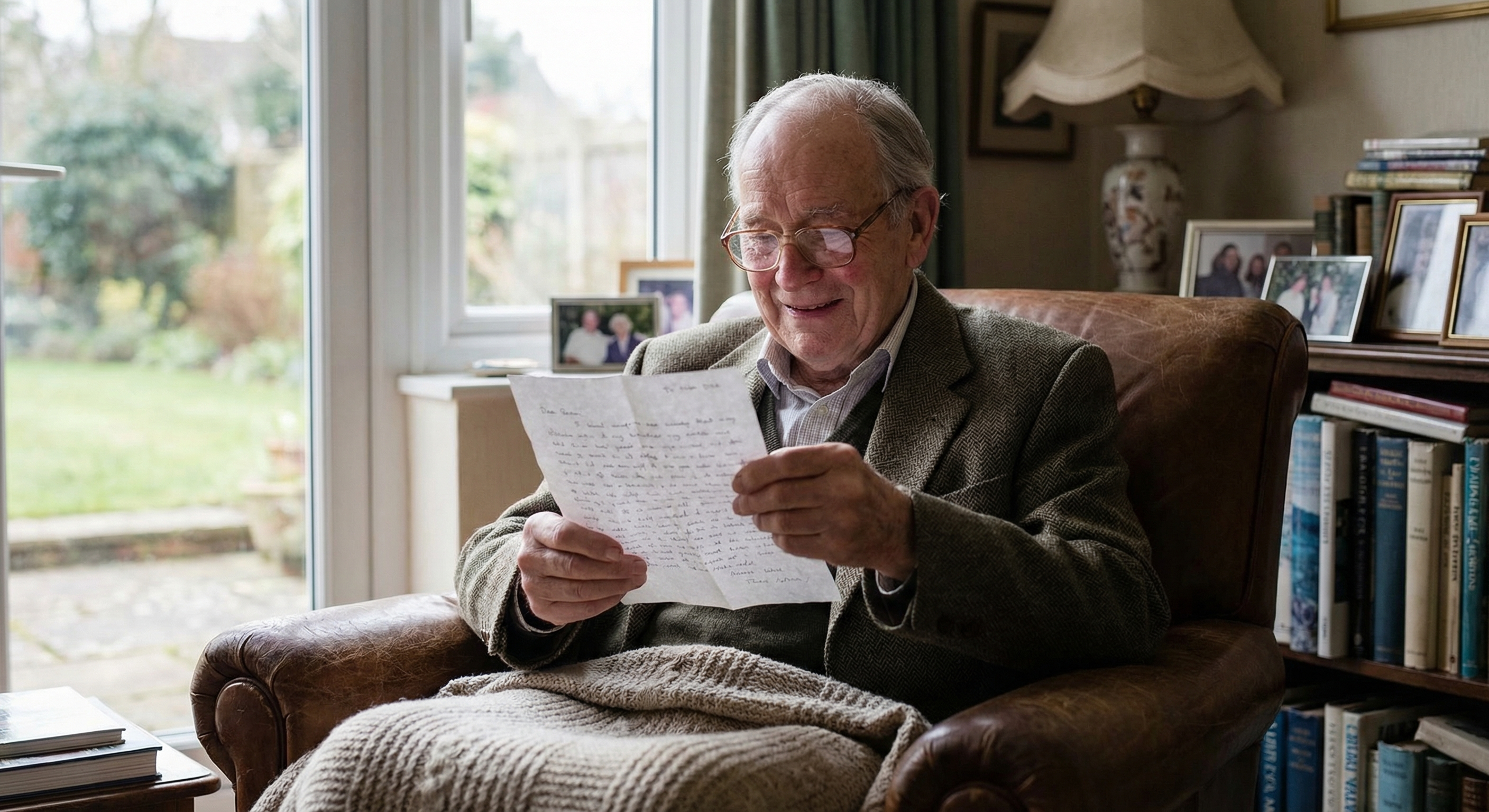 Grandfather reading a handwritten letter from his grandchild, smiling