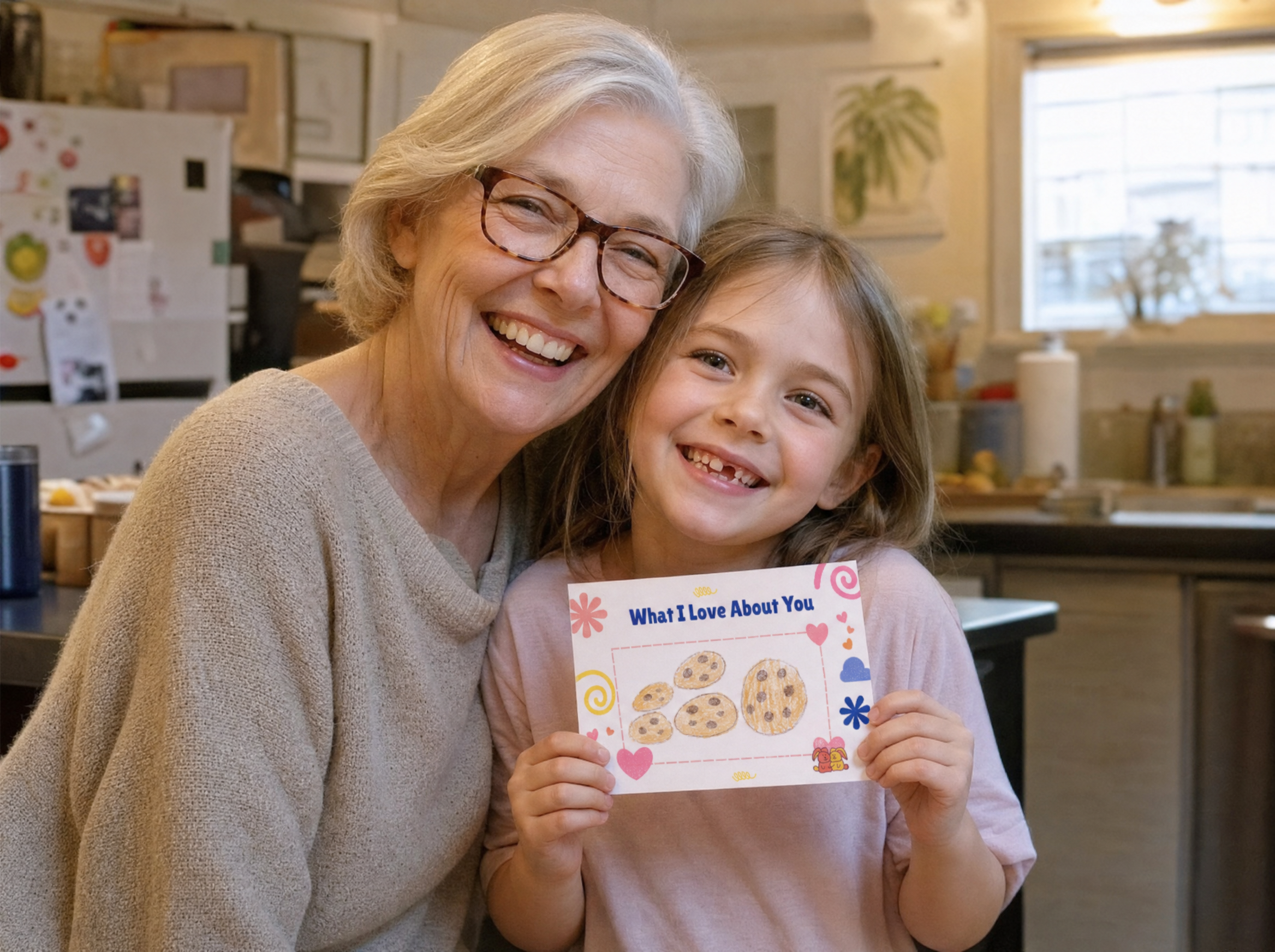 Grandmother and granddaughter smiling together, holding a finished Heartstring card